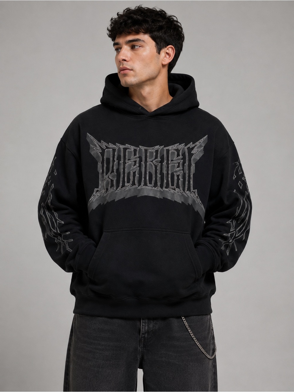 RBL by Rebel Minds Rhinestone Rebel Graphic Men’s M Hoodie 90s Y2K Streetwear